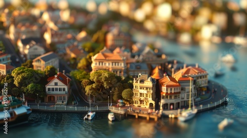 Tilt-shift photography of the Sydney. Top view of the city in postcard style. Miniature houses, streets and buildings photo