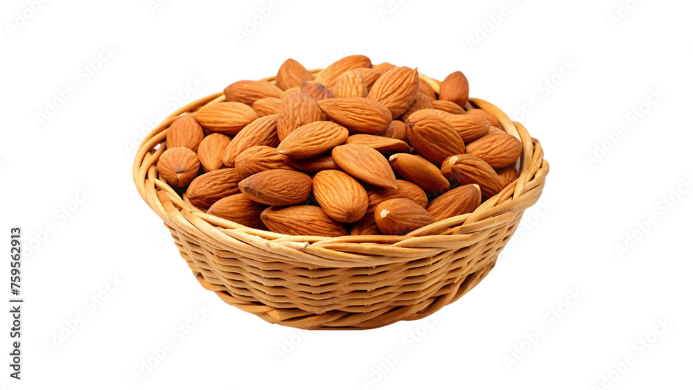 Almond nuts in a wicker basket isolated on transparent background. Almond nuts in a wicker basket isolated on transparent background.