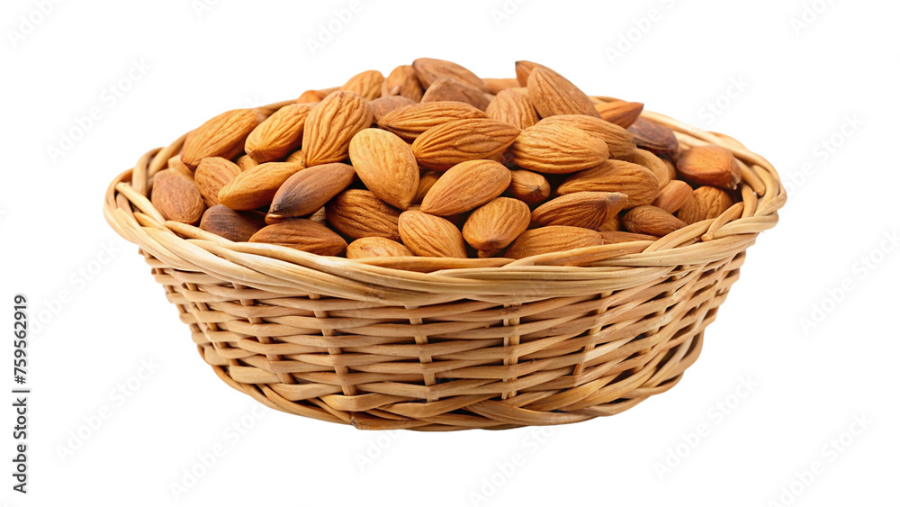 Almond nuts in a wicker basket isolated on transparent background. Almond nuts in a wicker basket isolated on transparent background.