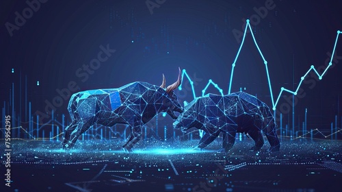 Geometric wireframe bull and bear facing each other on a digital trading floor, symbolizing market dynamics