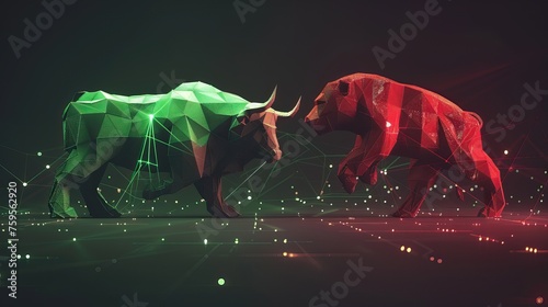 Geometric wireframe bull and bear facing each other on a digital trading floor, symbolizing market dynamics