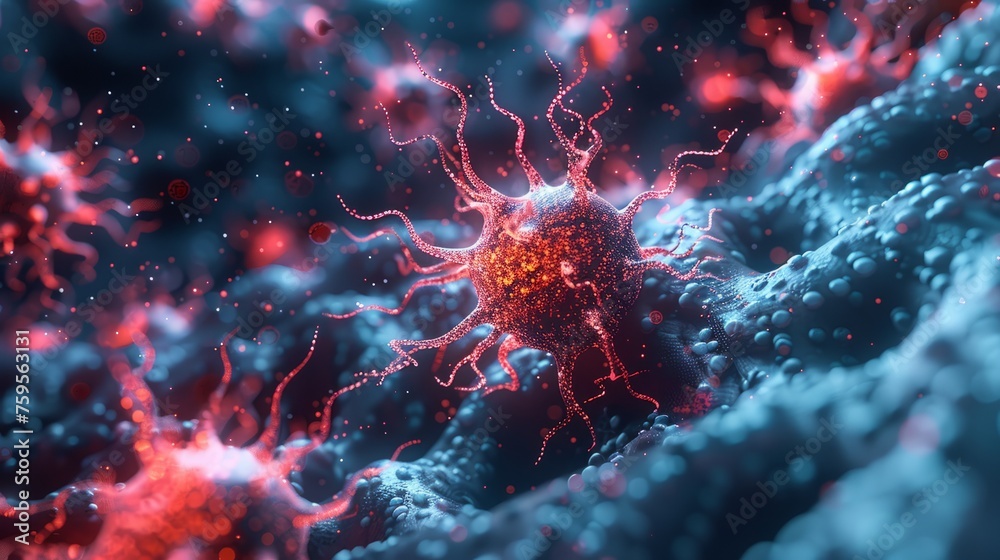 A macro illustration of the virus designed for medical context. Virus cells background - obrazy, fototapety, plakaty 