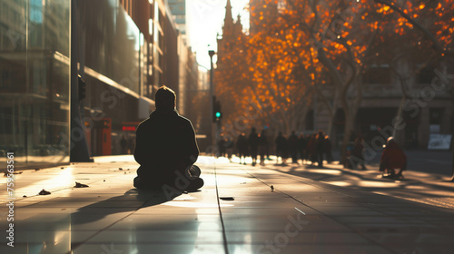 A shot from behind of a person sitting and gazing at the cityscape in front of him.