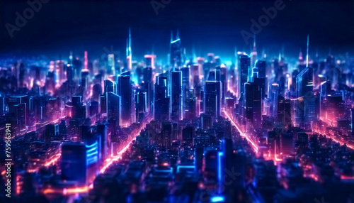 Scintillante Metropoli- Sfondo Urbano con Neon Brillanti su Blu Intenso. photo