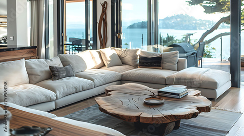 Cozy modern living room offering a coastal retreat ambiance, with panoramic views, a wrap-around sofa, and a driftwood coffee table