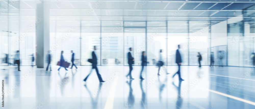 Obraz premium Business people walk in a large office lobby against a cityscape background. Motion blur effect, bright business workplace with people in walking in blurred motion in modern office space