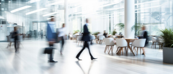 Business people walk in a large office lobby against a cityscape background. Motion blur effect, bright business workplace with people in walking in blurred motion in modern office space