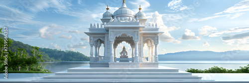 small hindu temple with white marble on senic green landscape with blue sky