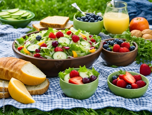 National Salad Day picnic: Friends and family enjoy fresh salads on lush green grass in nature
