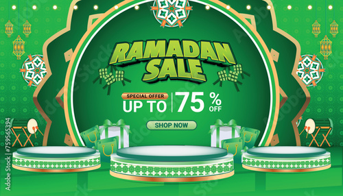 Banner Ramadan mubarak sale green 3d text editable social media background 10