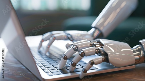 Robot hand typing on a laptop, artificial intelligence concept, technology in daily life, futuristic interaction.