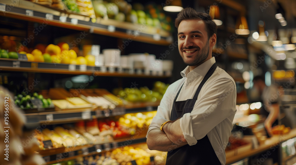 Smiling male seller in health food store