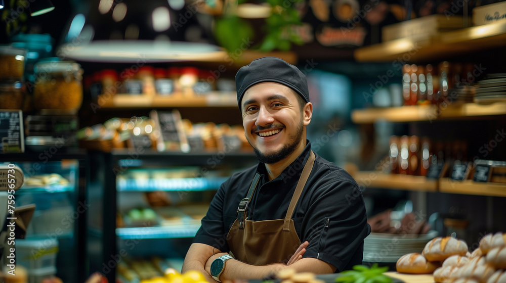 Fototapeta premium Smiling male seller in health food store