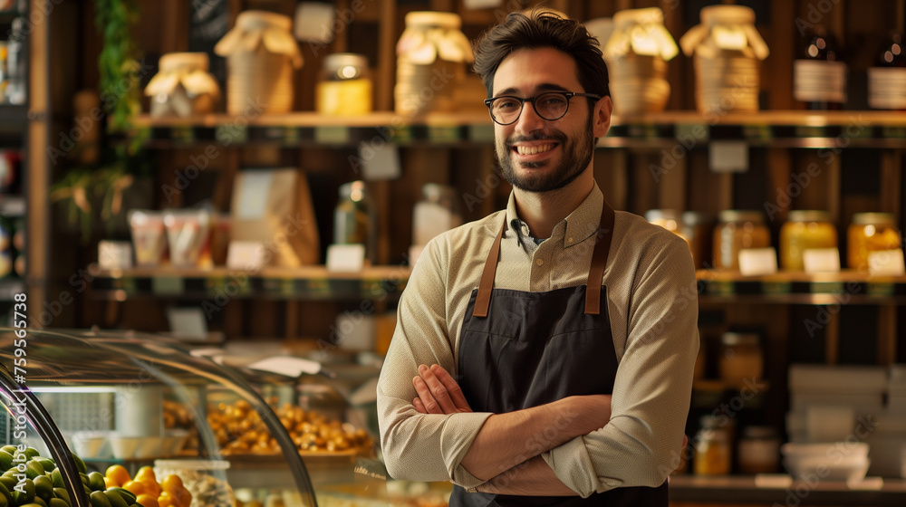 Fototapeta premium Smiling male seller in health food store