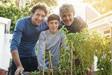 Child, father and grandfather in gardening portrait with smile, support and outdoor bonding together. Men, family and face of happy boy with generations in backyard for legacy, weekend and plants