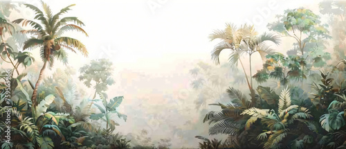 A painting of a tropical forest with palm trees