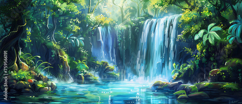 A painting of a waterfall in a tropical forest 