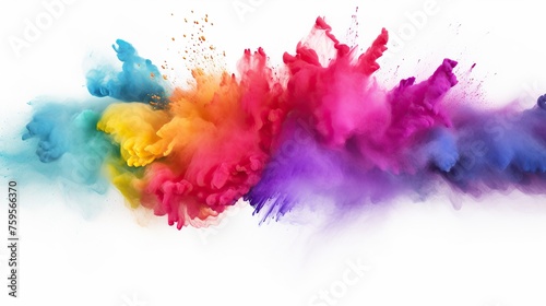 Accelerated explosion of colorful paint powder. Dynamic burst of bright colored powder on white background