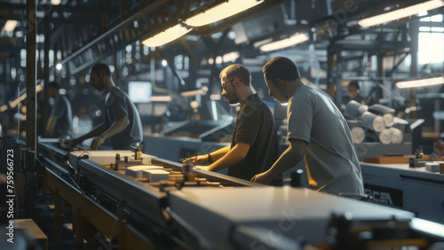 Workers engage in precise manufacturing tasks in an industrial, busy workshop setting.
