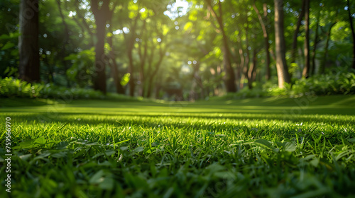 Green lawn and trees background with copyspace, nature background concept, perfect for outdoor and environmental themes.