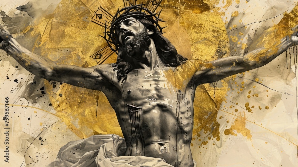 Portrait of Jesus Christ wearing a crown of thorns. Face of the son of god close up. Divine scripture concept. Bible times. Atoning sacrifice for human sins. Jewish preacher. Messiah. Portrait of Jesus Christ wearing a crown of thorns. Face of the son of god close up. Divine scripture concept. Bible times. Atoning sacrifice for human sins. Jewish preacher. Messiah.