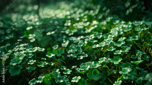Lush green clover leaves basking in soft sunlight, embodying the tranquility of nature.