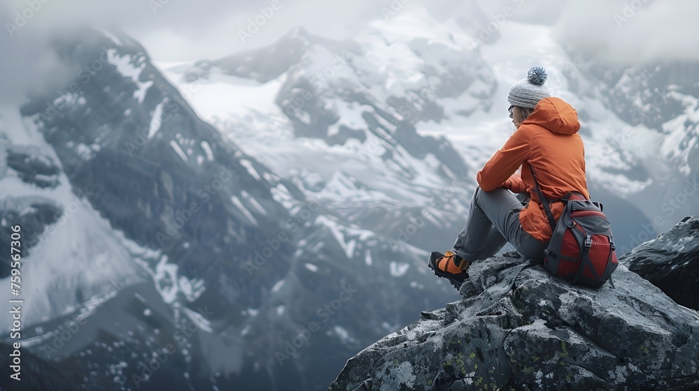 Scenery of a female climber sitting on a snowy mountain Scenery of a female climber sitting on a snowy mountain