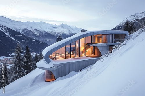 Swiss precision meets futuristic flair in a chalet perched on the Alps, a beacon of innovative design. © MuhammadHamza