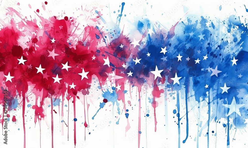 Fototapeta premium Watercolor splashes in red and blue colors with stars. USA national holiday concept background.