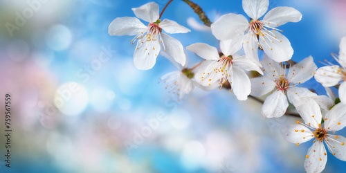 Beautiful delicate white cherry blossoms with blue bokeh background and copy space, panorama format 