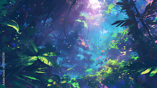 beautiful colored illustration of forest flora, sunlight coming in © Hiro