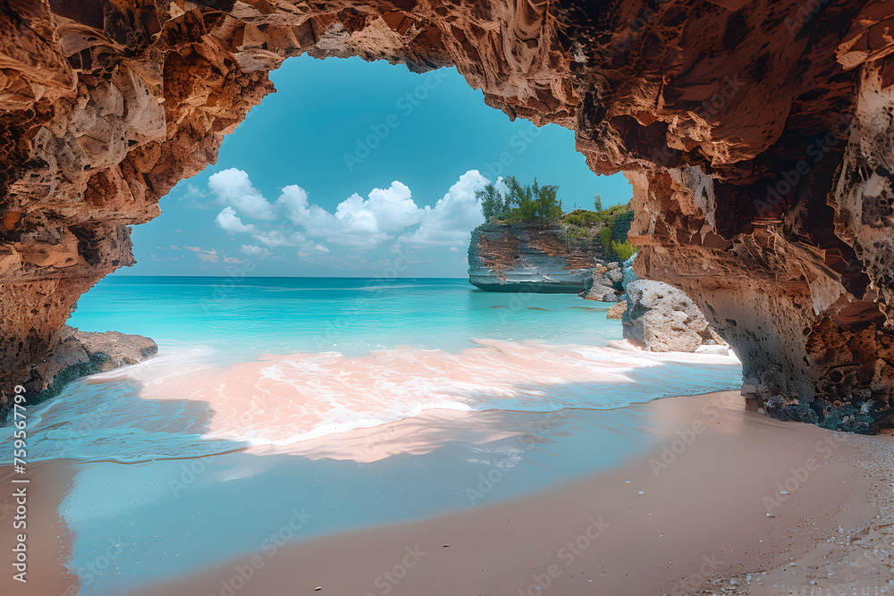 An archway rock formation and white sand beach are the background 8