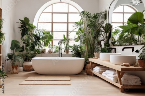 Cozy and inviting atmosphere radiates from a home garden bathroom designed in white and wooden tones, parquet floor, embodying the urban jungle aesthetic and biophilia principle. © Anna