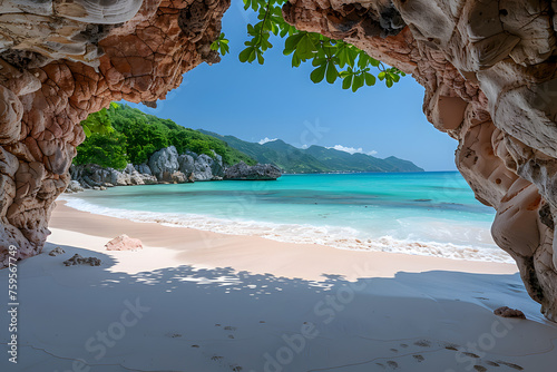 An archway rock formation and white sand beach are the background 9