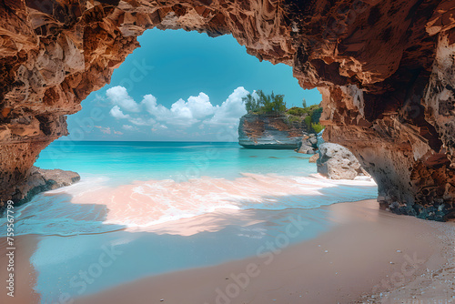 An archway rock formation and white sand beach are the background 8