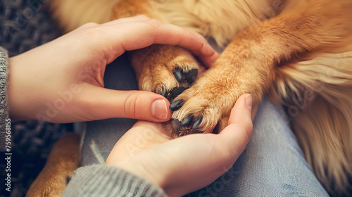 owner petting his dog, Hands holding paws dog are taking shake hand together while he is sleeping or resting with closed eyes. empty space for text,international pet day
 photo