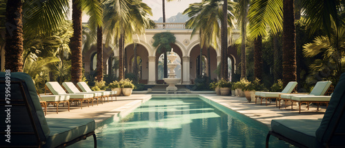 A pool with a fountain surrounded by palm trees  © Black