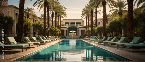 A pool with a fountain surrounded by palm trees 