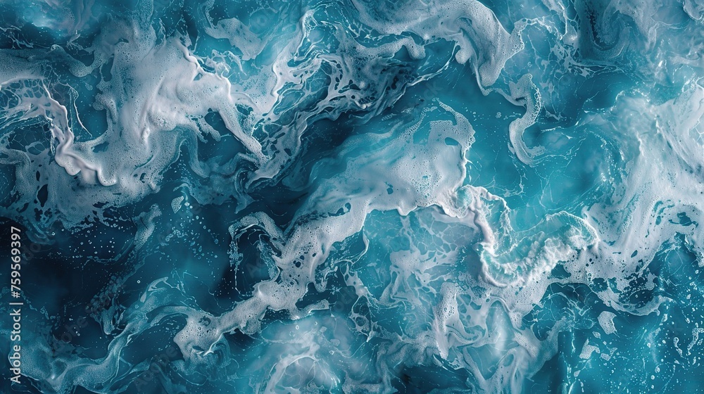 aerial view of turquoise ocean water with splashes and foam for abstract natural background and texture - obrazy, fototapety, plakaty 