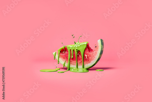 A watermelon slice dripping with green paint on a pink background, minimal summer concept in the style of pop art