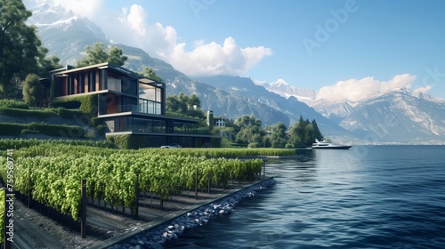 A Swiss modern lakefront residence, with smart vineyards, holographic Alpine views