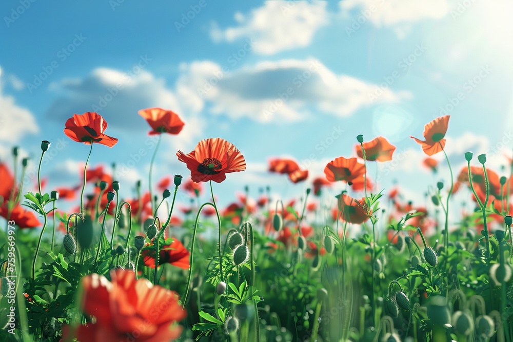 Obraz premium A field full of poppies under sunny blue sky. AI generative