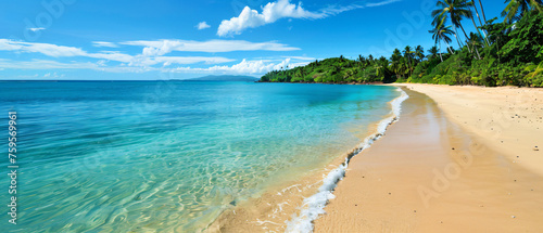 A sandy beach with palm trees and clear blue water 