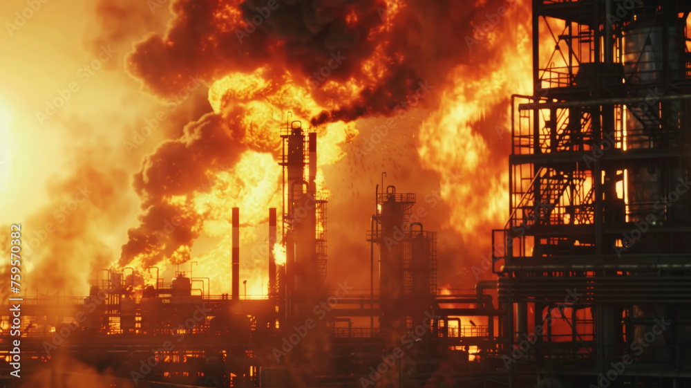 Intense industrial fires engulfing an oil refinery at dusk.