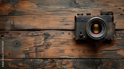 Camera on a Vintage Wooden Wall Background, with Copy Space