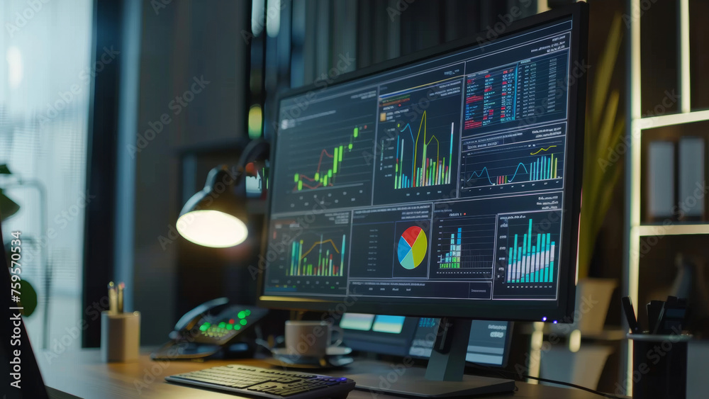 Dual monitors displaying vibrant financial graphs and data in a dark office.