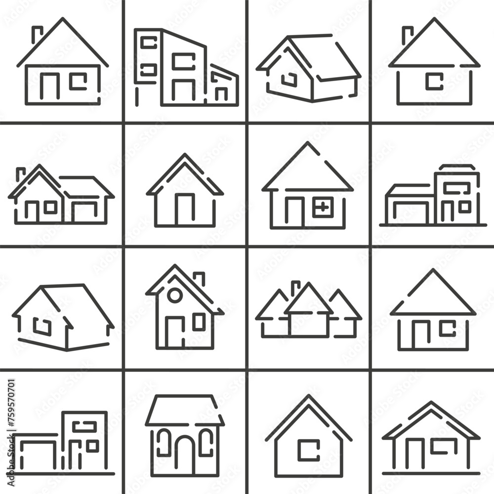 Houses and huts, dashed line vector icons. A collection of icons of houses. Vector huts.