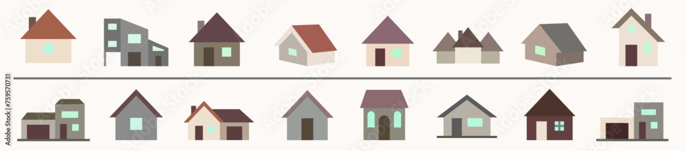 Houses and huts, color icons. A collection of icons of houses. Vector huts. Houses and huts, color icons. A collection of icons of houses. Vector huts.