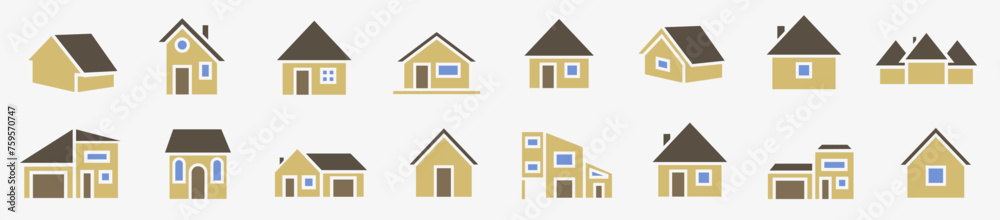 Houses and huts, several colors. A collection of icons of houses. Vector huts.