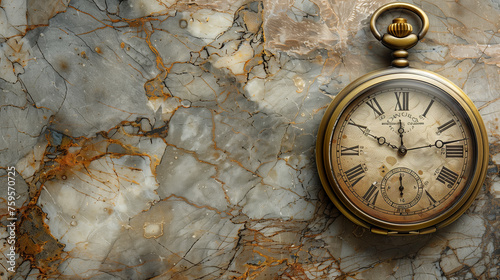 An Ornate Pocket Watch on Marble background with Copy Space